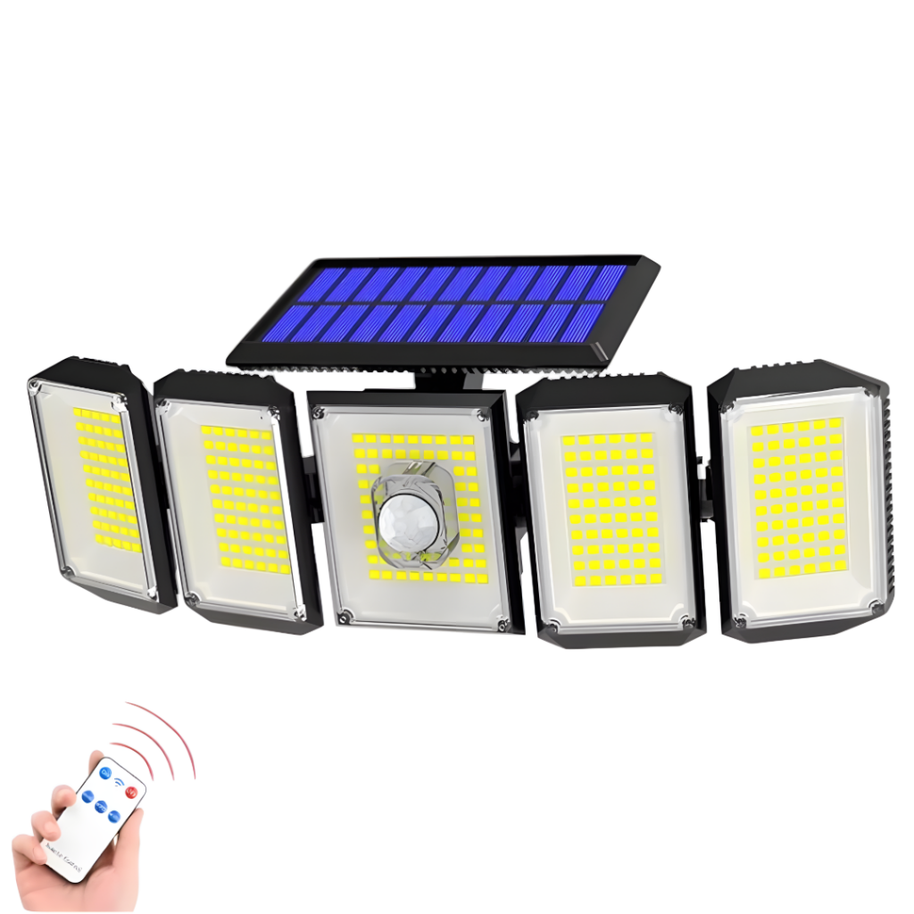 Foco solar de 5 cabezas con 300 LEDs COB, ideal para iluminar espacios exteriores como jardines y patios. Cuenta con un control remoto para facilitar su uso y un sensor de movimiento que activa la luz al detectar movimiento. Su batería de 2400 mAh asegura