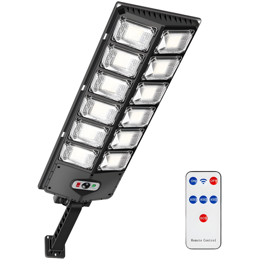 oco LED solar exterior con sensor de movimiento. Este dispositivo cuenta con 200W de potencia y 540 LEDs que emiten una luz brillante. Su diseño es alargado, mide 16.5 cm de ancho y 62 cm de largo. Incluye un control remoto para ajustar la configuración f