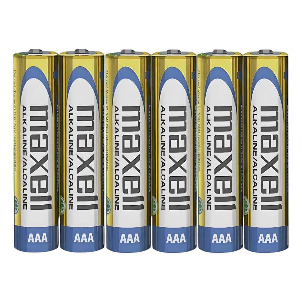 Pilas alcalinas Maxell AAA, pack de 6 unidades, 1.5 V. Ideales para juguetes y controles remotos. Vida útil de 5 años, seguras y libres de mercurio, cadmio y plomo, garantizando un uso confiable.