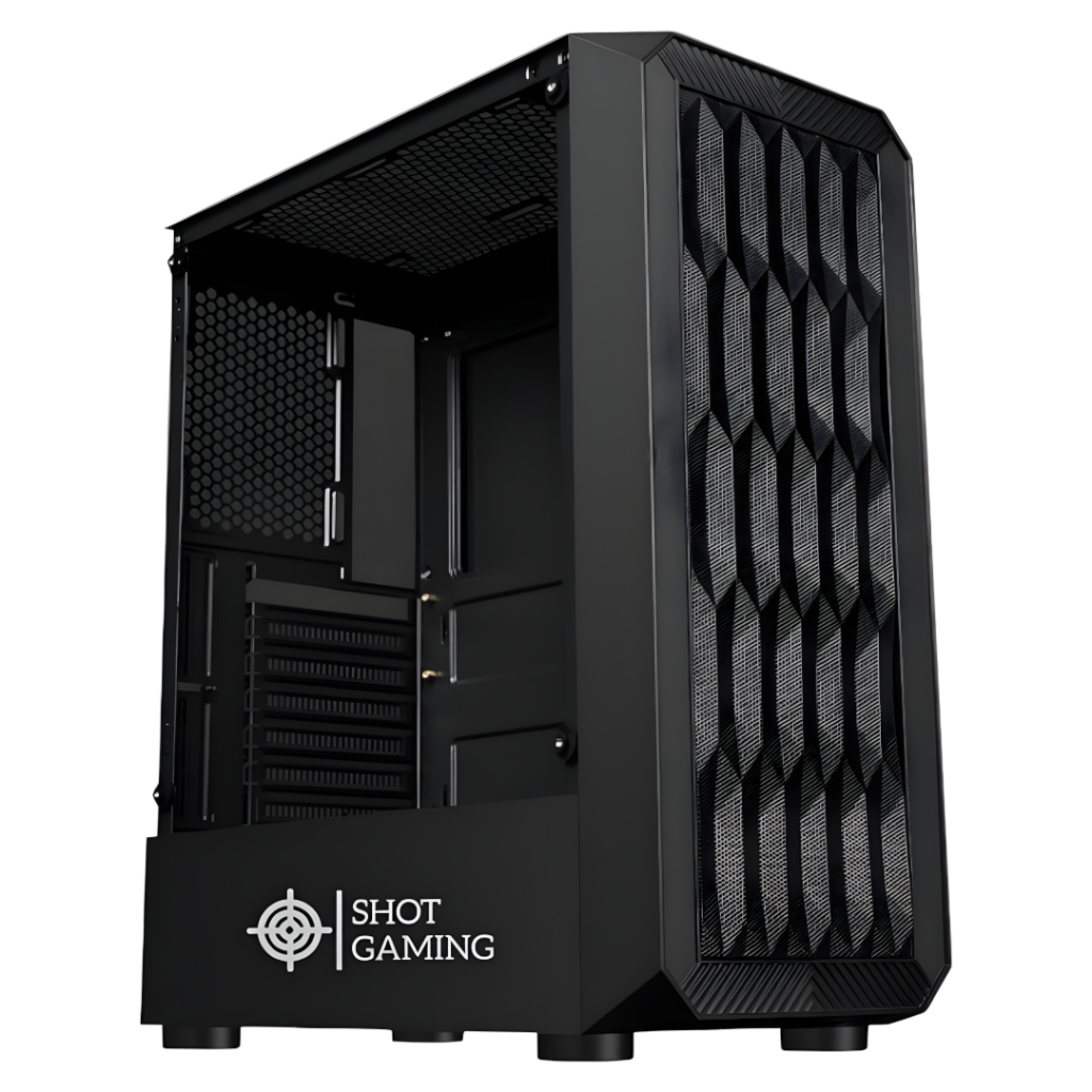 Gabinete Gamer Shot Gaming Pro Series SHOT-SUP-8322, con panel de cristal templado que permite ver los componentes internos. Su diseño negro y elegante incluye un PSU cover para mantener el orden. Estructura metálica duradera, compacto y con conexiones US