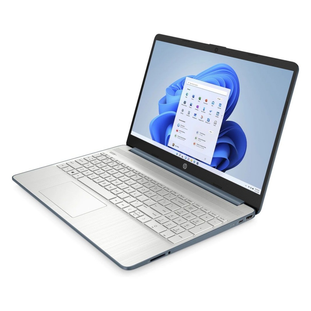 Imagen del HP Notebook 15-EF2126WM, un laptop con pantalla anti-reflejo de 15.6 pulgadas y resolución Full HD. Equipado con procesador AMD Ryzen 5, 8GB de RAM y 256GB de almacenamiento SSD. Diseño en color azul, ligero y portátil, ideal para trabajo y ent