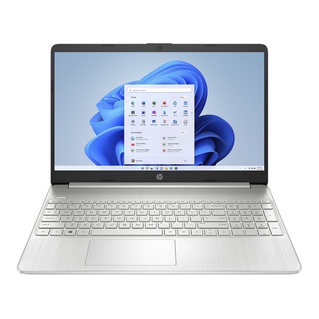 Imagen del HP Notebook 15-EF1033CA, un laptop con pantalla de 15.6 pulgadas y resolución Full HD de 1920 x 1080 píxeles. Equipado con procesador AMD Athlon Gold 3150U, 8GB de RAM y 512GB SSD. Diseño en color plateado, ligero y portátil, ideal para trabajo