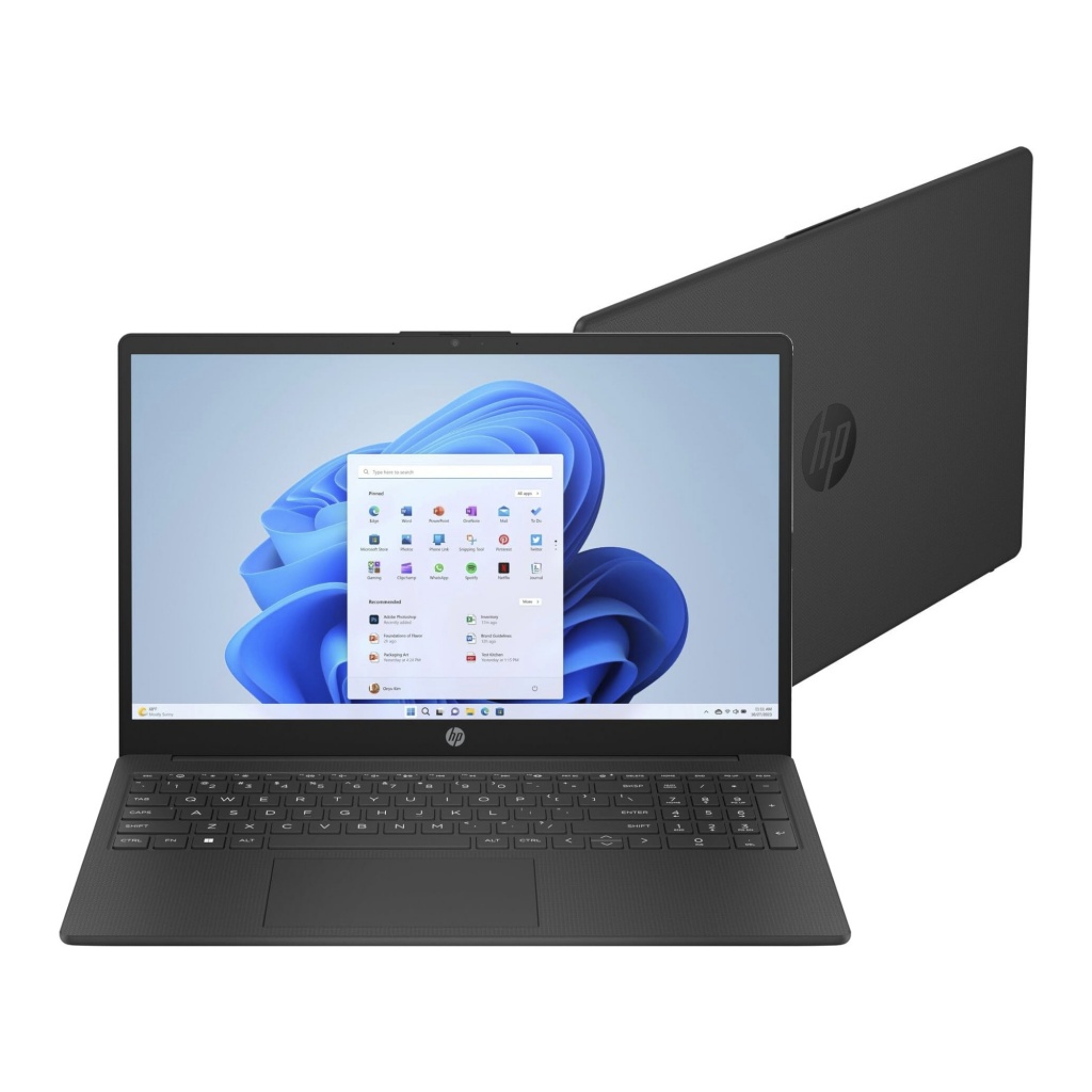 Imagen del HP Notebook 15-FD0038, un portátil de 15.6 pulgadas con pantalla Full HD. Equipado con procesador Intel Celeron N100, 8GB de RAM y 512GB de almacenamiento EMMC. Diseño ligero en color negro, ideal para estudiantes y profesionales. Incluye Windo