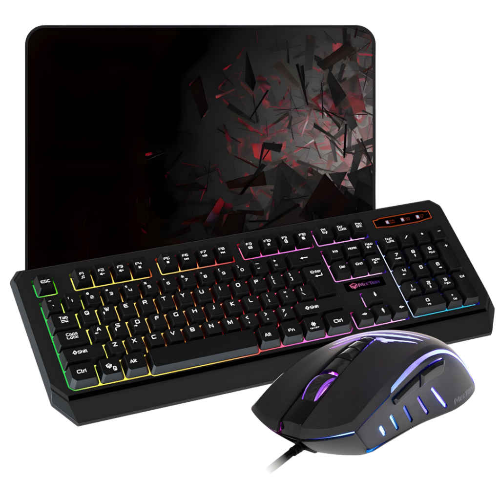 Combo de teclado, ratón gamer y mouse pad. El teclado K9320 cuenta con retroiluminación en colores arco iris y un diseño ergonómico. El ratón C011 tiene retroiluminación RGB y una resolución ajustable de 6400 DPI. Ambos ofrecen comodidad y precisión, idea