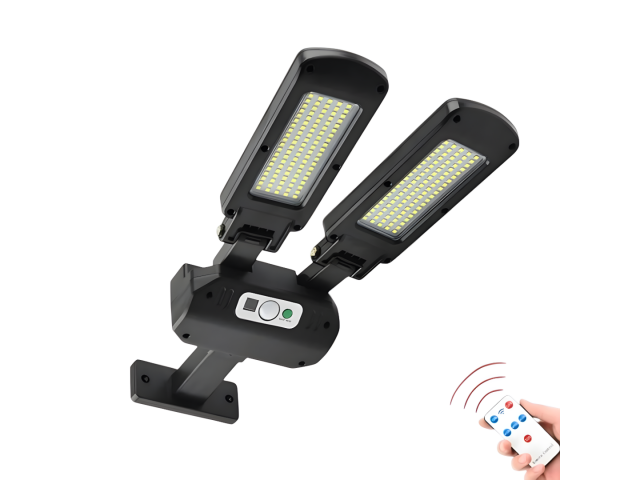 Foco solar de dos cabezales con 40W de potencia y 200 LEDs. Ideal para iluminar jardines y patios. Incluye sensor de movimiento y control remoto para mayor comodidad. Funciona con una batería de 2400 mAh, proporcionando luz fría y eficiente. Su diseño reg