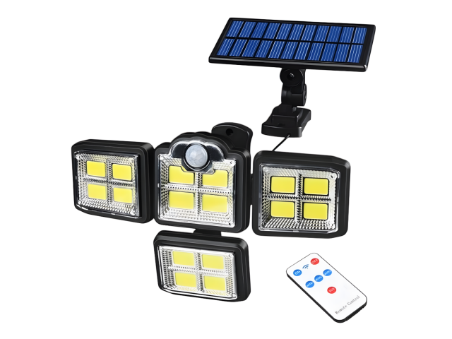 Foco solar de 4 cabezas con 35W de potencia y 198 LEDs COB, ideal para iluminar jardines y patios. Incluye un sensor de movimiento que activa la luz al detectar movimiento y un control remoto para ajustar la intensidad. Su batería de 2400 mAh garantiza un