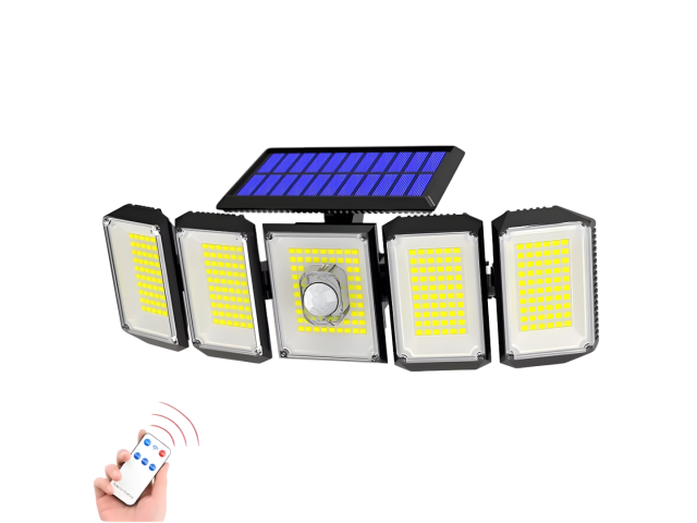 Foco solar de 5 cabezas con 300 LEDs COB, ideal para iluminar espacios exteriores como jardines y patios. Cuenta con un control remoto para facilitar su uso y un sensor de movimiento que activa la luz al detectar movimiento. Su batería de 2400 mAh asegura