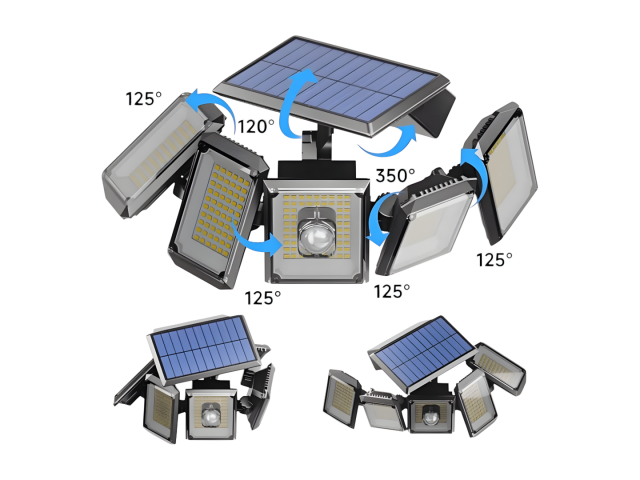 Foco solar de 5 cabezas con 300 LEDs COB, ideal para iluminar espacios exteriores como jardines y patios. Cuenta con un control remoto para facilitar su uso y un sensor de movimiento que activa la luz al detectar movimiento. Su batería de 2400 mAh asegura