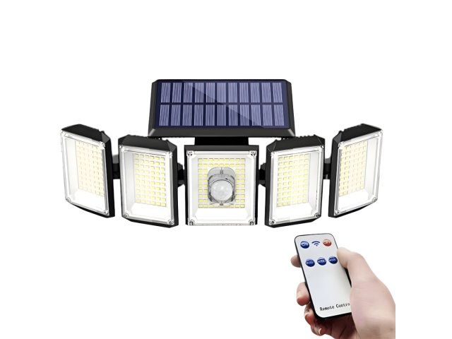 Foco solar de 5 cabezas con 300 LEDs COB, ideal para iluminar espacios exteriores como jardines y patios. Cuenta con un control remoto para facilitar su uso y un sensor de movimiento que activa la luz al detectar movimiento. Su batería de 2400 mAh asegura