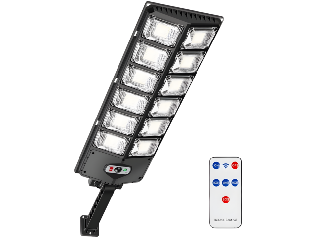 oco LED solar exterior con sensor de movimiento. Este dispositivo cuenta con 200W de potencia y 540 LEDs que emiten una luz brillante. Su diseño es alargado, mide 16.5 cm de ancho y 62 cm de largo. Incluye un control remoto para ajustar la configuración f