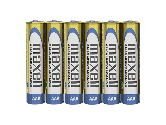 Pilas alcalinas Maxell AAA, pack de 6 unidades, 1.5 V. Ideales para juguetes y controles remotos. Vida útil de 5 años, seguras y libres de mercurio, cadmio y plomo, garantizando un uso confiable.