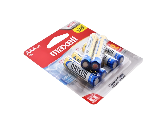 Pilas alcalinas Maxell AAA, pack de 6 unidades, 1.5 V. Ideales para juguetes y controles remotos. Vida útil de 5 años, seguras y libres de mercurio, cadmio y plomo, garantizando un uso confiable.