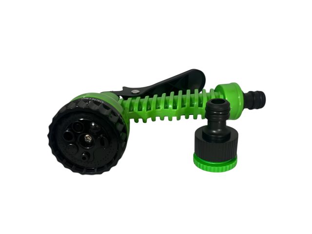 Manguera retráctil expandible de 15 metros en color verde, fabricada en látex sintético. Incluye pistola de 7 funciones y acoples. Su diseño ligero y compacto facilita el riego en jardines y patios. Ideal para ajustar la presión del agua y mantener tus es