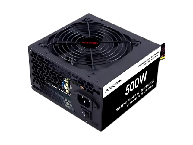 Fuente de Poder Arktek ATX 500W, certificada 80 Plus White, ofrece 500W reales para un rendimiento eficiente. Con un diseño compacto de 150 x 140 x 85 mm, incluye protección múltiple contra sobrecargas y cortocircuitos. Ideal para gamers y estaciones de t