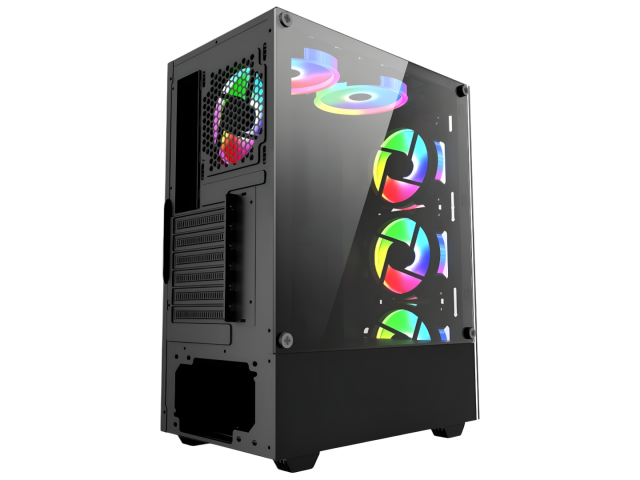 Gabinete Gamer Shot Gaming Pro Series SHOT-SUP-8012-80A, con paneles de cristal templado lateral y frontal que permiten ver los componentes internos. Su diseño negro incluye un PSU cover para mantener el orden. Estructura metálica duradera, tamaño compact