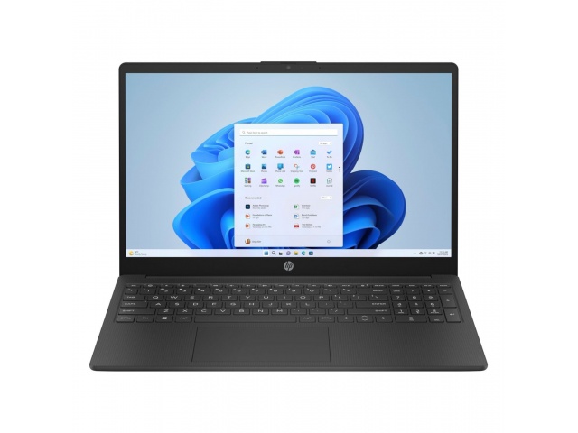 Imagen del HP Notebook 15-FD0038, un portátil de 15.6 pulgadas con pantalla Full HD. Equipado con procesador Intel Celeron N100, 8GB de RAM y 512GB de almacenamiento EMMC. Diseño ligero en color negro, ideal para estudiantes y profesionales. Incluye Windo