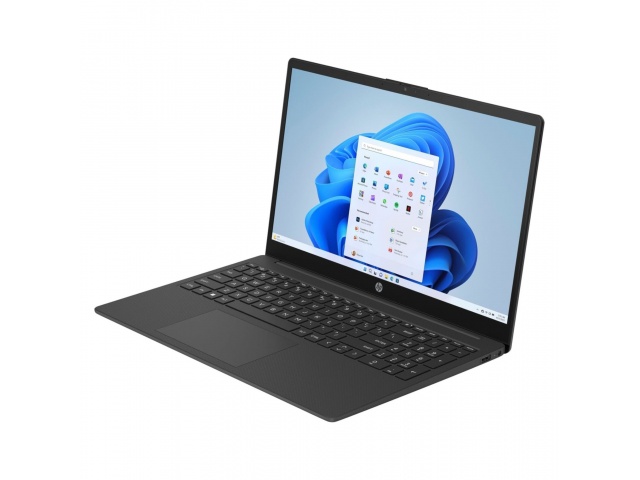 Imagen del HP Notebook 15-FD0038, un portátil de 15.6 pulgadas con pantalla Full HD. Equipado con procesador Intel Celeron N100, 8GB de RAM y 512GB de almacenamiento EMMC. Diseño ligero en color negro, ideal para estudiantes y profesionales. Incluye Windo