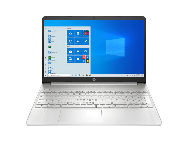 Imagen del HP Notebook 15-DY0025, un laptop con pantalla de 15.6 pulgadas y resolución de 1366 x 768 píxeles. Equipado con procesador Intel Pentium Silver N5030, 8GB de RAM y 256GB EMMC. Diseño en color plateado, ligero y portátil, ideal para trabajo y en