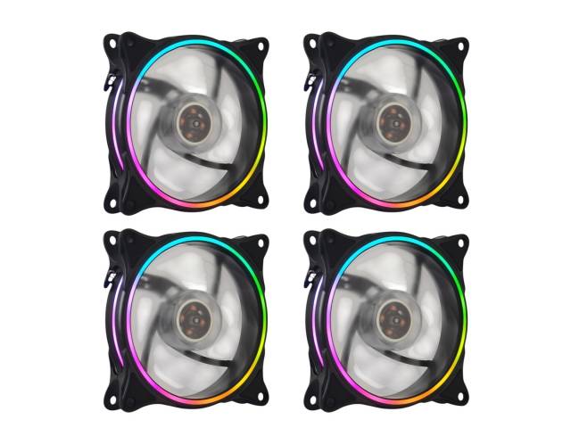 Ventilador RGB de la serie Shot Gaming Pro, de 12 cm, con iluminación en aro doble cara. Pack de 4 unidades diseñado para ofrecer refrigeración eficiente y funcionamiento silencioso. Conector Molex de 4 pines, ideal para configuraciones en cascada. Perfec