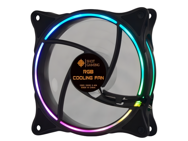 Ventilador RGB de la serie Shot Gaming Pro, de 12 cm, con iluminación en aro doble cara. Pack de 5 unidades diseñado para ofrecer refrigeración eficiente y funcionamiento silencioso. Conector Molex de 4 pines, ideal para configuraciones en cascada. Perfec