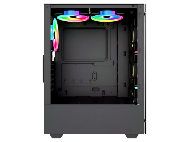 Combo de ventiladores LED RGB de la serie Gaming Pro de Shot, que incluye cuatro unidades de 12 cm con iluminación en aro doble cara, ideal para mejorar la refrigeración de tu PC. También incluye un elegante gabinete gamer con paneles de cristal templado,