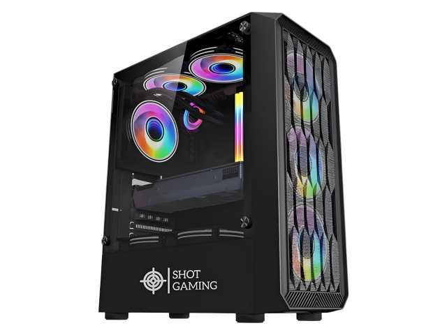 Gabinete Gamer Shot Gaming Pro Series con acabado negro y paneles de cristal templado, ideal para mostrar componentes. Incluye ventiladores RGB LED que mejoran la refrigeración y la estética del setup. Diseño compacto y funcional, perfecto para cualquier 