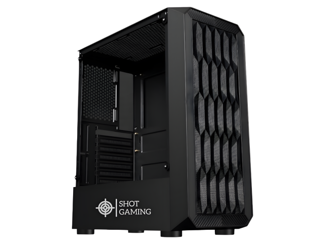 Gabinete Gamer Shot Gaming Pro Series con acabado negro y paneles de cristal templado, ideal para mostrar componentes. Incluye ventiladores RGB LED que mejoran la refrigeración y la estética del setup. Diseño compacto y funcional, perfecto para cualquier 