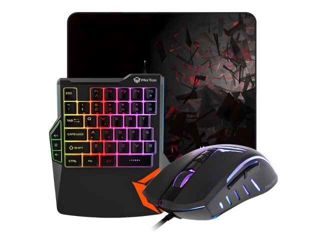 Teclado gamer KB015, ratón C011 y mouse pad, con retroiluminación RGB. El teclado tiene un diseño compacto y 35 teclas programables, ideal para juegos y oficina. El ratón cuenta con un sensor óptico de 6400 DPI y botones laterales. Perfectos para una expe