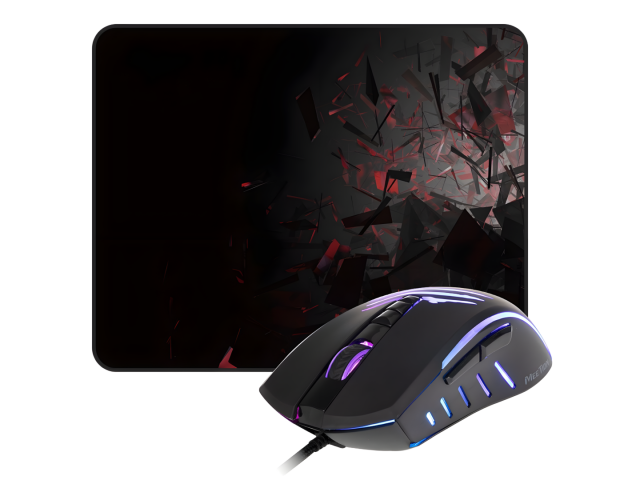 Teclado gamer KB015, ratón C011 y mouse pad, con retroiluminación RGB. El teclado tiene un diseño compacto y 35 teclas programables, ideal para juegos y oficina. El ratón cuenta con un sensor óptico de 6400 DPI y botones laterales. Perfectos para una expe