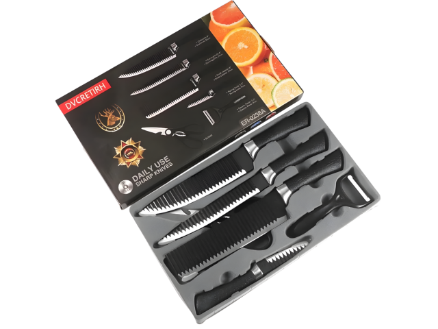 Juego de cuchillos de cocina de acero inoxidable 4CR13 con recubrimiento negro. Incluye seis piezas con mango ergonómico para un agarre cómodo. Ideal para preparar alimentos, este set es duradero y sostenible, perfecto para cocineros caseros que buscan ca