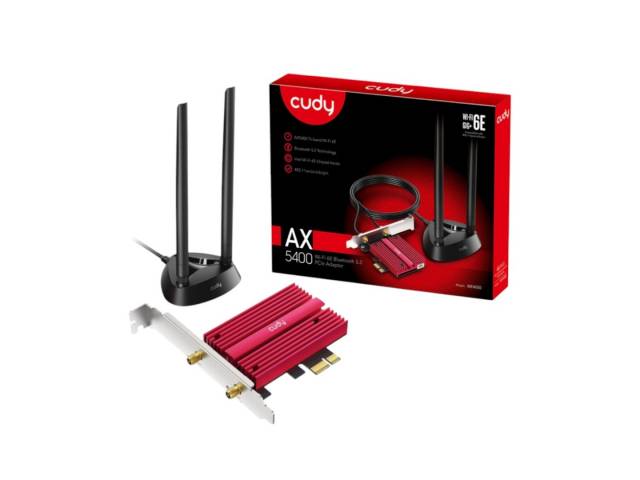 Potencia tu conexión con el Adaptador Cudy PCI-E WiFi 6E y Bluetooth 5.3 en color bordo. Experimenta velocidad ultrarrápida y una conectividad sin interrupciones. ¡Actualiza tu PC hoy! 