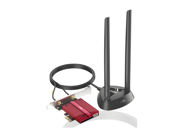 Potencia tu conexión con el Adaptador Cudy PCI-E WiFi 6E y Bluetooth 5.3 en color bordo. Experimenta velocidad ultrarrápida y una conectividad sin interrupciones. ¡Actualiza tu PC hoy! 