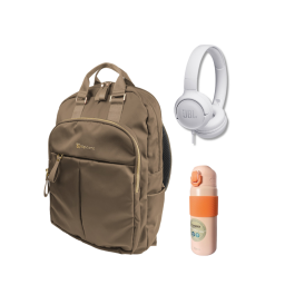 COMBO MOCHILA DE VIAJE AURICULARES JBL 500 BOTELLA TERMICA BEIGE BLANCO Y ROSA 