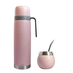 Termo Comet 1 Litro + Mate Trmico 120ml Ac. inoxidable + Bombillla Rosado 