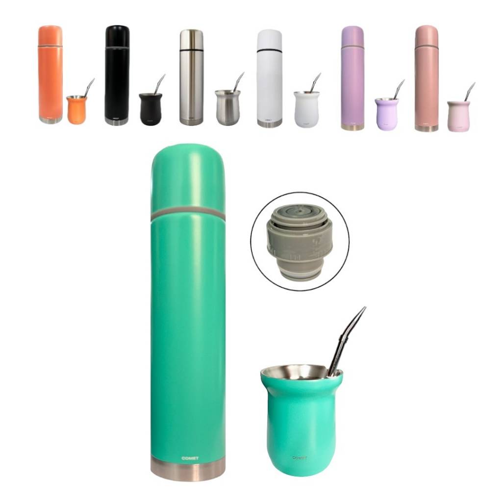 Disfruta de tu combo con termo de acero inoxidable de 750 ml que mantiene la temperatura de tu mate por 8 horas, un mate de acero inoxidable de 160 ml y una bombilla Comet. El termo tiene un diseño bala compacto y un tapón cebador para cebar fácilmente