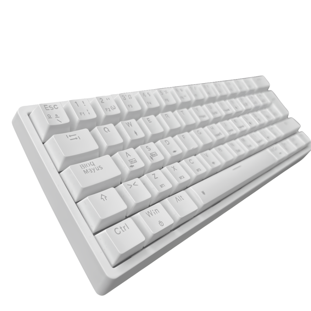 Teclado mecánico gaming Eagle Warrior KA-Y182 en color blanco. Cuenta con 62 teclas, retroiluminación RGB personalizable y interruptores mecánicos azules. Diseño compacto ideal para setups minimalistas. Compatible con Windows y Mac, incluye cable desmonta