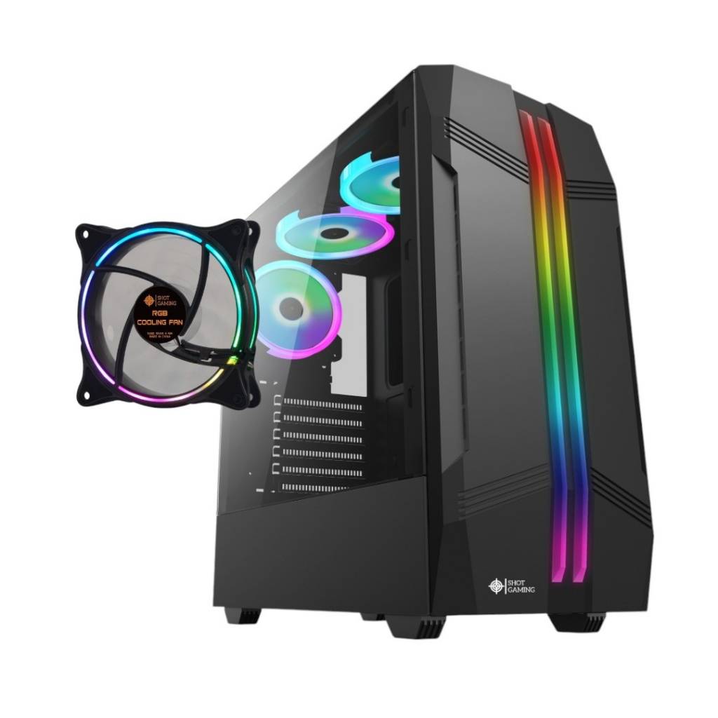 El Gabinete Gamer Shot Gaming Pro Series es la elección ideal para quienes buscan estilo y funcionalidad. Su cristal templado permite mostrar tus componentes, mientras que el ventilador LED RGB añade un toque vibrante a tu estación de juego. ¡Haz que cada