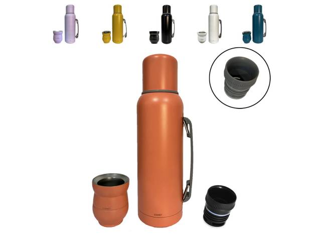 Termo de 1L Acero inoxidable, mantiene temperatura 12hs, asa para transporte cómodo.Mate de 140ml Acero inoxidable, duradero, elegante. Liviano y portátil Variedad de colores: Elige tu estilo. Combo perfecto: Sabor y tradición del mate en cualquier lugar.