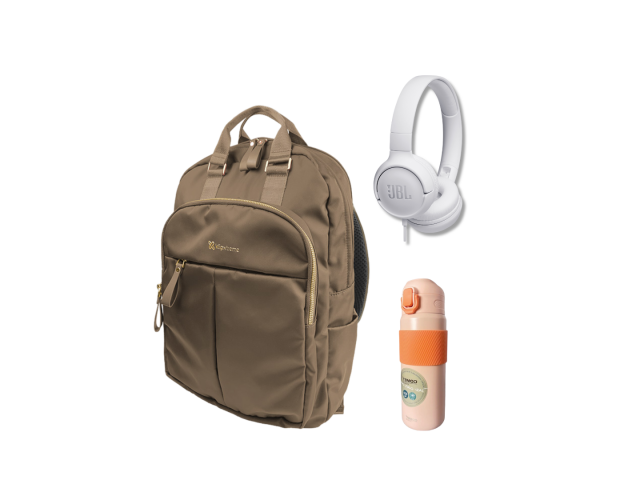 Viaja con estilo y comodidad con la mochila KNB-468 KLIP XTREME, los audífonos JBL TUNE 500 y la botella térmica Comet 600 ml.