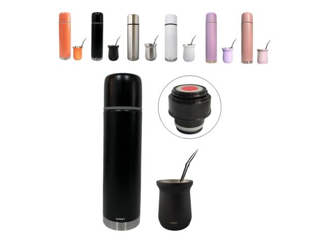 Disfruta de tu combo con termo de acero inoxidable de 750 ml que mantiene la temperatura de tu mate por 8 horas, un mate de acero inoxidable de 160 ml y una bombilla Comet. El termo tiene un diseño bala compacto y un tapón cebador para cebar fácilmente