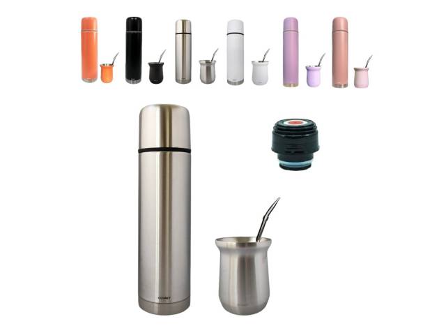 Disfruta de tu combo con termo de acero inoxidable de 750 ml que mantiene la temperatura de tu mate por 8 horas, un mate de acero inoxidable de 160 ml y una bombilla Comet. El termo tiene un diseño bala compacto y un tapón cebador para cebar fácilmente