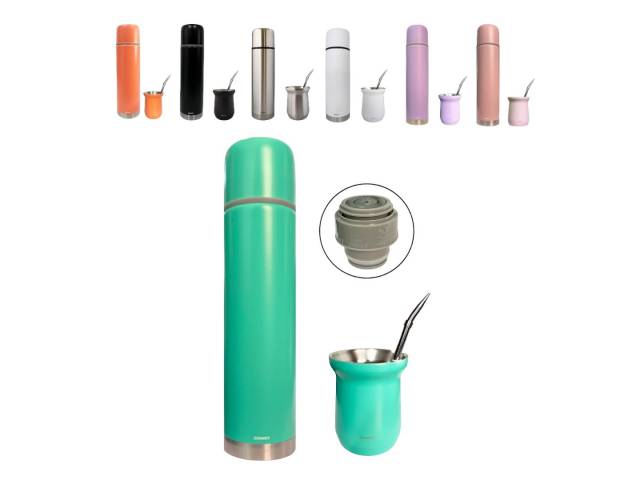 Disfruta de tu combo con termo de acero inoxidable de 750 ml que mantiene la temperatura de tu mate por 8 horas, un mate de acero inoxidable de 160 ml y una bombilla Comet. El termo tiene un diseño bala compacto y un tapón cebador para cebar fácilmente