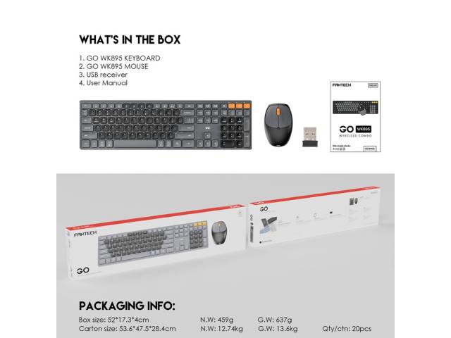 Mejora tu productividad con el  kit Teclado y Mouse Inalámbrico WK895 Gris. Este combo ofrece un diseño ergonómico, conexión Bluetooth de alta velocidad y batería de larga duración.