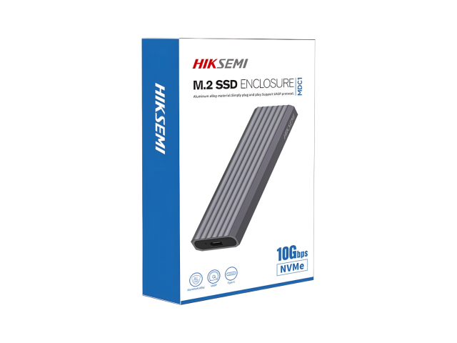 Estuche para disco duro SSD Hiksemi MD202 en color gris. Este accesorio está fabricado en aleación de aluminio, lo que le brinda durabilidad y un diseño elegante. Sus dimensiones son 106 milímetros de largo, 31 milímetros de ancho y 10 milímetros de alto.