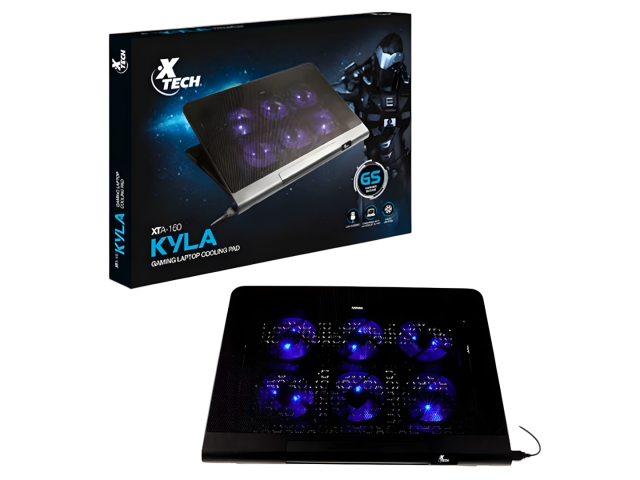 Imagen de la base con ventilador XTECH Kyla XTA-160, diseñada para laptops de hasta 17 pulgadas. Esta base cuenta con seis ventiladores silenciosos que proporcionan refrigeración eficiente. Su superficie de malla metálica permite una mejor circulación de 