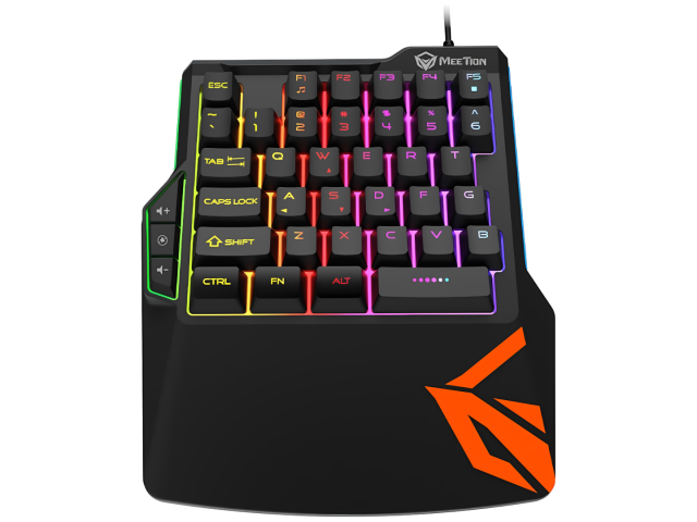 El teclado gamer KB015 de MeeTion es un dispositivo compacto de una mano con retroiluminación arcoíris. Cuenta con teclas ergonómicas y silenciosas, ideal para largas sesiones de juego. Su diseño resistente y conexión USB lo hacen compatible con Windows y