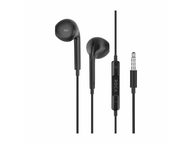 Auriculares manos libres estéreo ROCA tipo iPhone, universales con conector de 3.5 mm y diseño on-ear. Perfectos para llamadas y música en cualquier lugar.