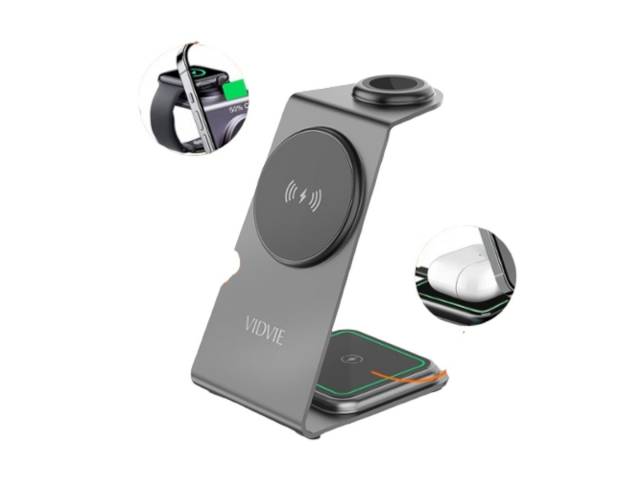 Carga tus dispositivos en un solo lugar! El cargador inalámbrico 3 en 1 VIDVIE WLC1414 te permite cargar tu smartphone, reloj inteligente y auriculares de forma simultánea y sin cables. 