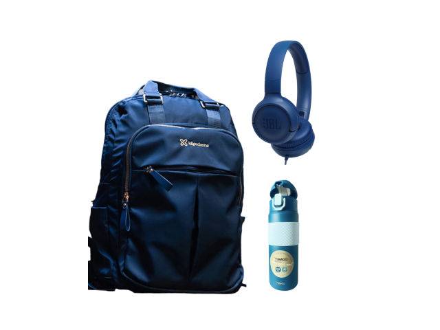  Viaja con estilo y comodidad con la mochila KNB-468 KLIP XTREME, los audífonos JBL TUNE 500 y la botella térmica Comet 600 ml.