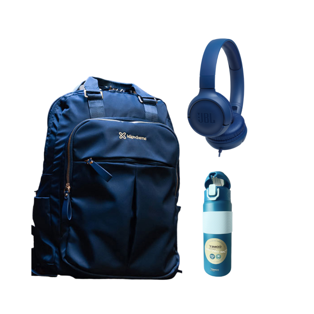  Viaja con estilo y comodidad con la mochila KNB-468 KLIP XTREME, los audífonos JBL TUNE 500 y la botella térmica Comet 600 ml.